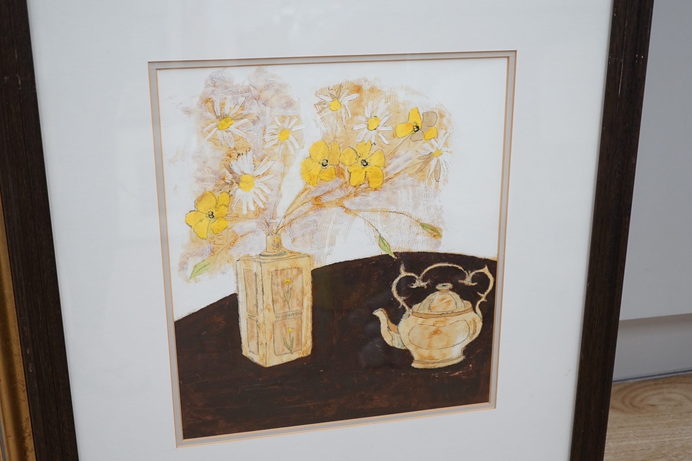 Leo McDowell (1936-2011), two gouaches and an oleograph, Still lifes and violinist, each signed, largest 35 x 27cm. Condition - good